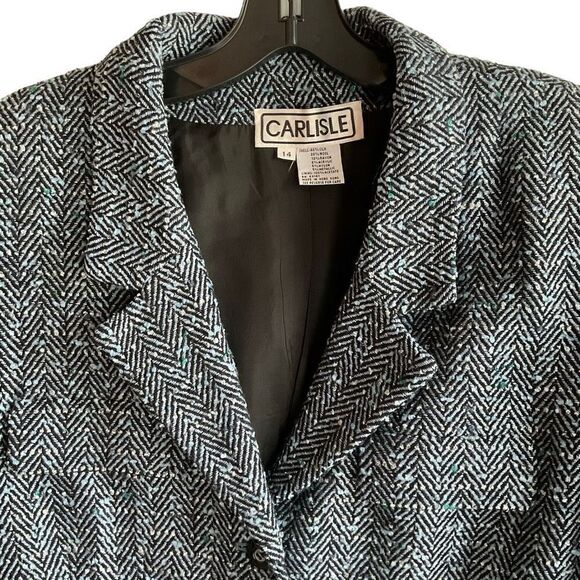 Carlisle Suit Jacket Silk Wool Blend Button Front Tweed Boucle Blue Black 14 - Picture 6 of 11